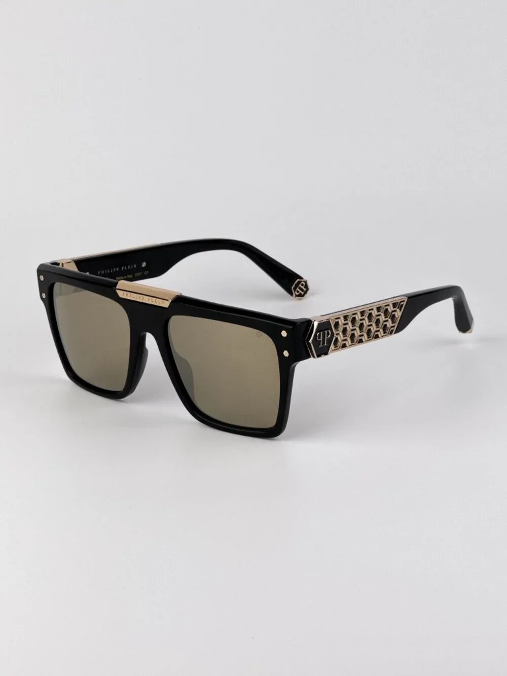 Philipp Plein Unisex Sunglasses Black Gold Mirror Square Frames SPP080 700G NEW